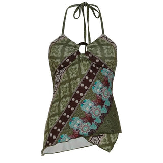 Halter self tie print o ring hollow out irregular cut out top