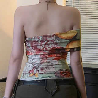 One shoulder irregular butterfly print tube top