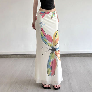 Mesh butterfly print contrast maxi skirt