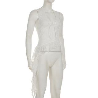 Irregular v neck self tie halter lace top