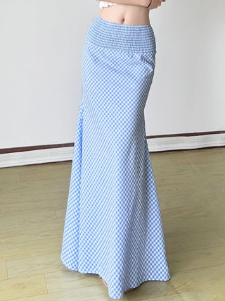 Plaid smocked zip-up contrast maxi skirt