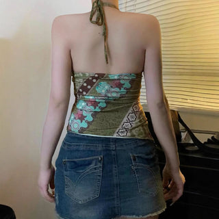 Halter self tie print o ring hollow out irregular cut out top