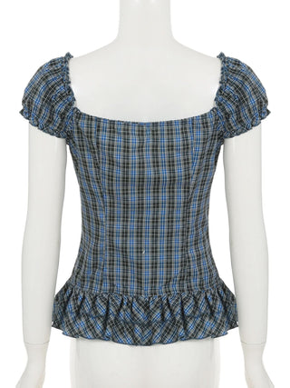 Ruffle plaid ruched v neck cap sleeve top