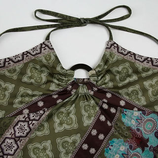 Halter self tie print o ring hollow out irregular cut out top