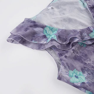 Ruffle mesh flower print v neck top