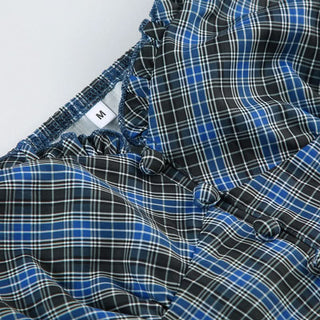 Ruffle plaid ruched v neck cap sleeve top