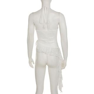 Irregular v neck self tie halter lace top