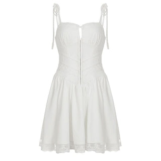 Lace hem ruched self tie hollow out cami cut out mini dress