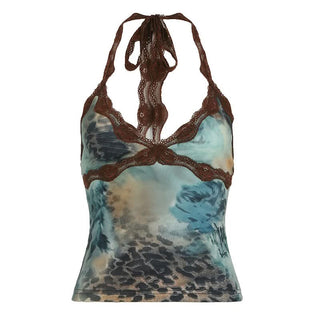 Lace hem v neck halter self tie print top