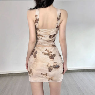 Ruched butterfly print mesh halter top