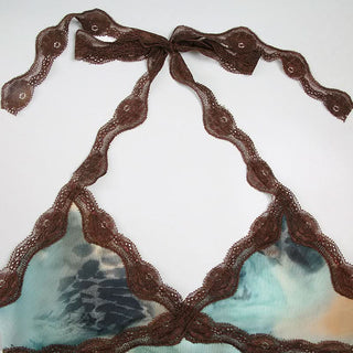 Lace hem v neck halter self tie print top