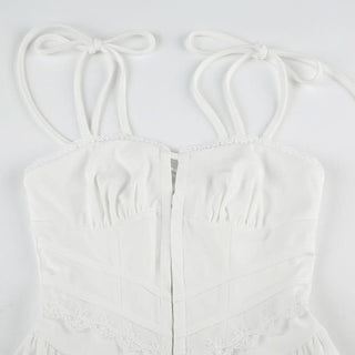 Lace hem ruched self tie hollow out cami cut out mini dress