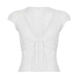 Lace cap sleeve v neck self tie solid top