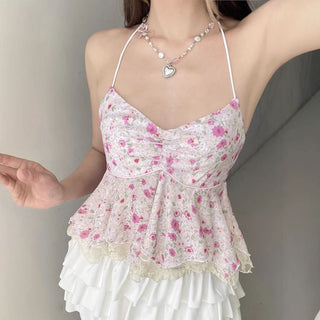 Halter self tie lace hem v neck flower print top