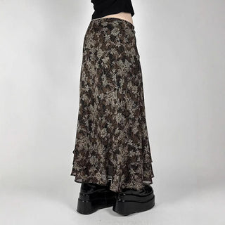 Mesh ruffle flower print contrast maxi skirt