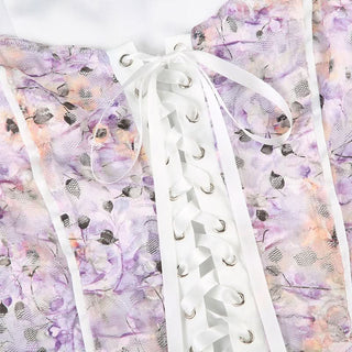 Lace up flower print puff sleeve v neck top