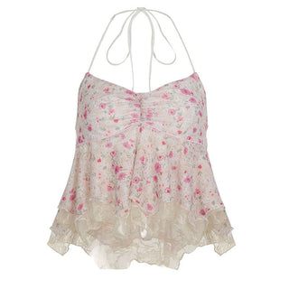 Halter self tie lace hem v neck flower print top