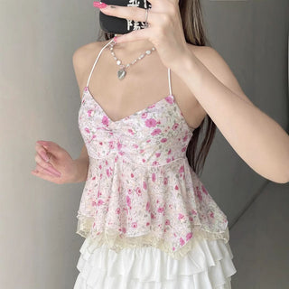 Halter self tie lace hem v neck flower print top