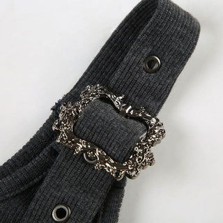 Buckle ruched ribbed abstract u neck top