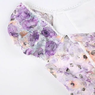 Lace up flower print puff sleeve v neck top