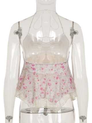 Halter self tie lace hem v neck flower print top