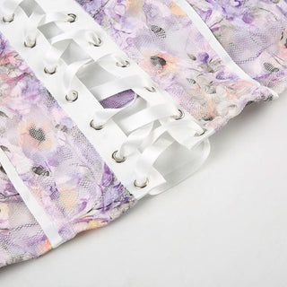 Lace up flower print puff sleeve v neck top