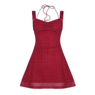 Polka dot ruched mesh v neck halter mini dress