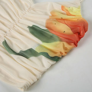 Ruched v neck mesh print self tie cami top