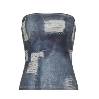 Imitation denim print backless tube top