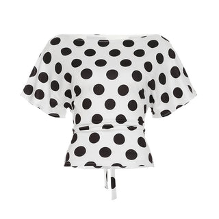 Short sleeve polka dot self tie contrast top
