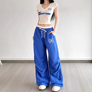 Drawstring ruched "06" pattern wide leg pant