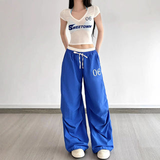 Drawstring ruched "06" pattern wide leg pant