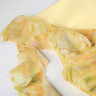 Mesh ruffle v neck print irregular mini dress