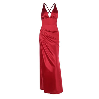 Satin v neck ruched backless cami maxi dress