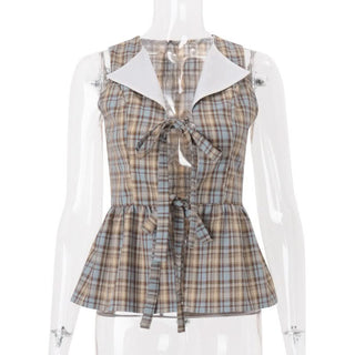 Plaid turnover collar self tie top