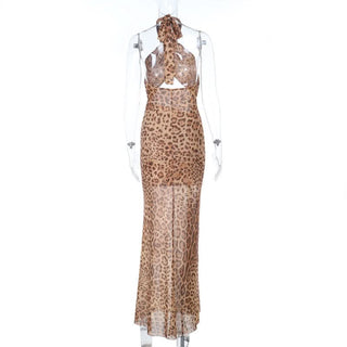 Leopard print slit cross front hollow out cut out maxi dress