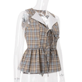 Plaid turnover collar self tie top