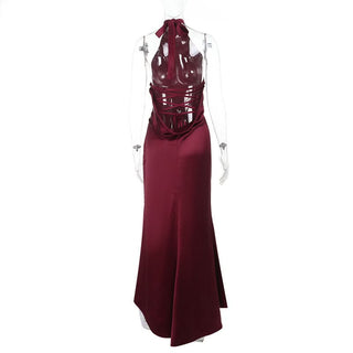 Satin halter backless solid maxi dress