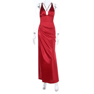 Satin v neck ruched backless cami maxi dress