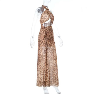 Leopard print slit cross front hollow out cut out maxi dress