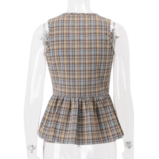 Plaid turnover collar self tie top