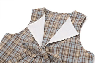 Plaid turnover collar self tie top