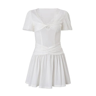 Puff sleeve v neck lace hem ruched mini dress