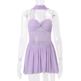 Sweetheart neck mesh solid backless mini dress