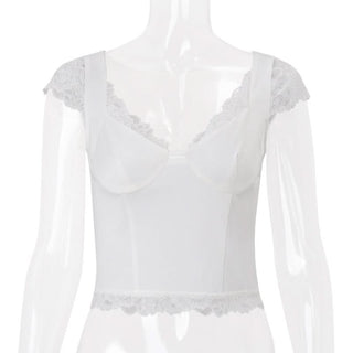 Cap sleeve lace hem v neck top