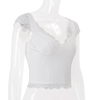 Cap sleeve lace hem v neck top