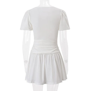 Puff sleeve v neck lace hem ruched mini dress