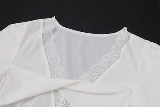 Puff sleeve v neck lace hem ruched mini dress