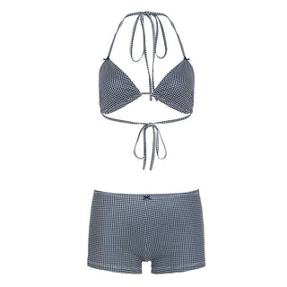 Plaid self tie halter bowknot low rise pant set