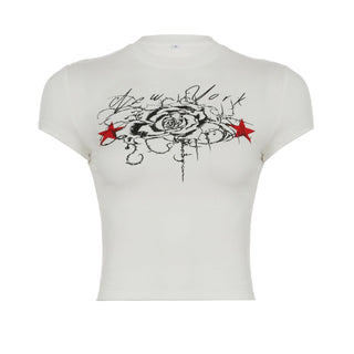 Crewneck short sleeve rose print contrast top